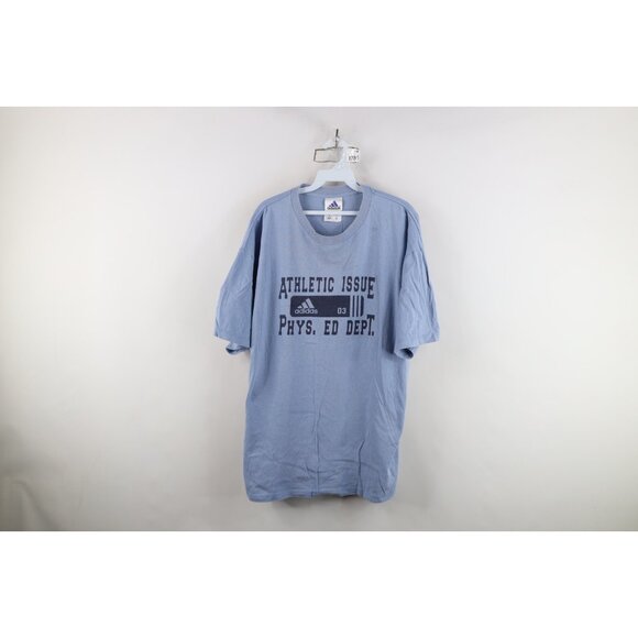 Vintage 90s Adidas Mens Large Distressed Spell Out Phys Ed T-Shirt Blue USA - Picture 1 of 13